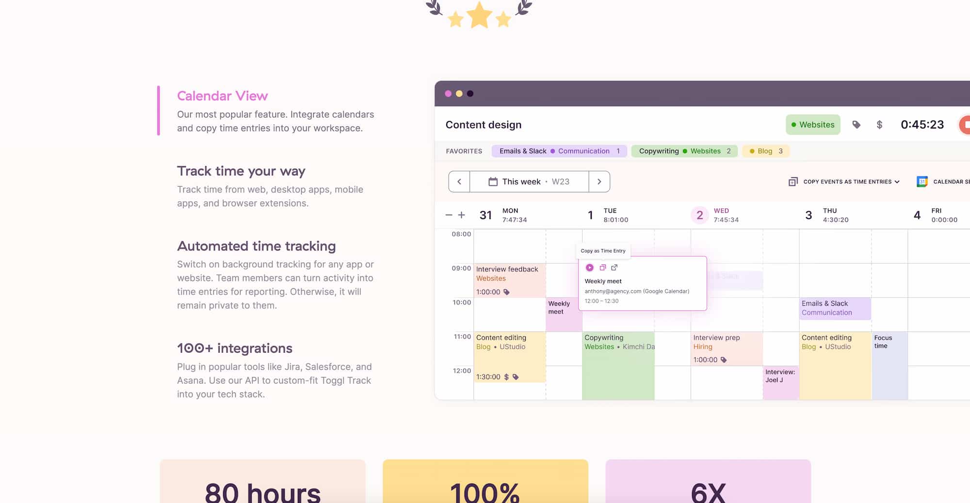Toggl website features section.