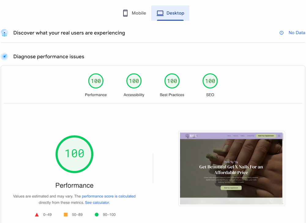 100% pagespeed scores screenshot